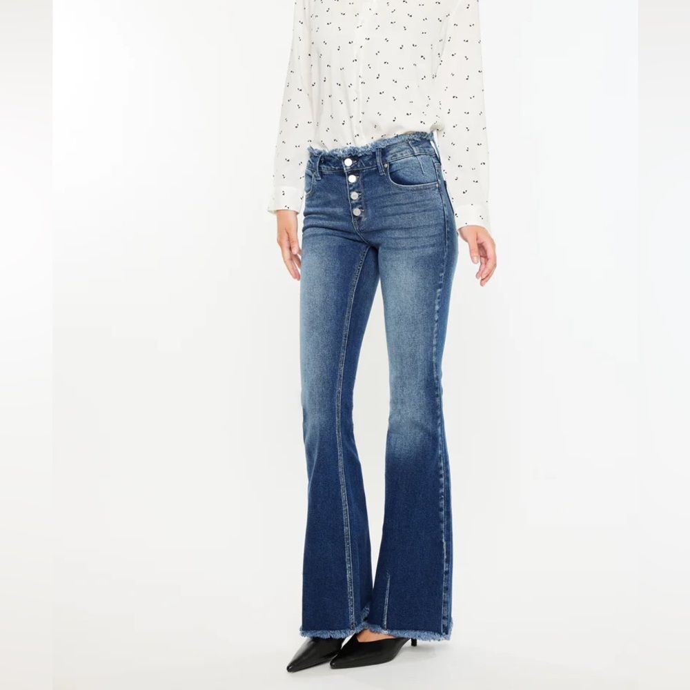 Kancan Veronica Mid Rise Frayed Waist Flare Jeans Button Fly Western Country
